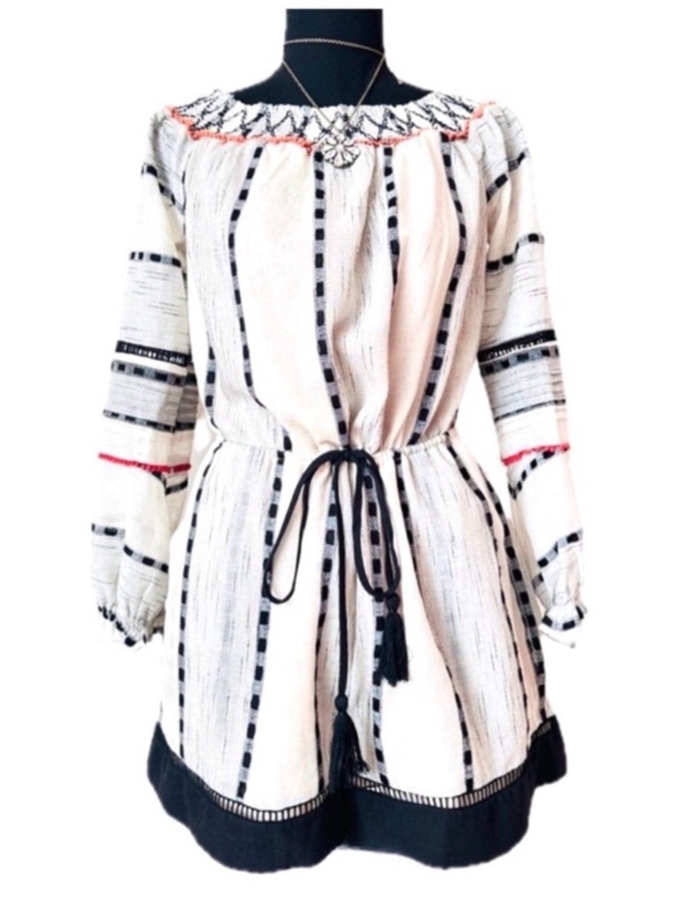 ADELYN RAE ~ Creme, Black and Orange Patterned Romper w/Drawstring Waistline